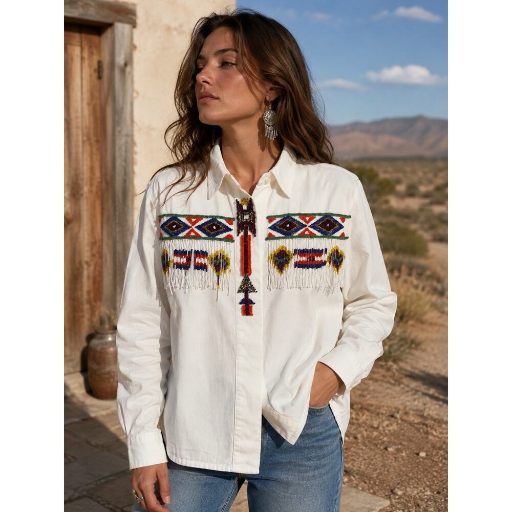 Vintage Cedars Beaded Fringe Western Shirt Women’s Size 14 White